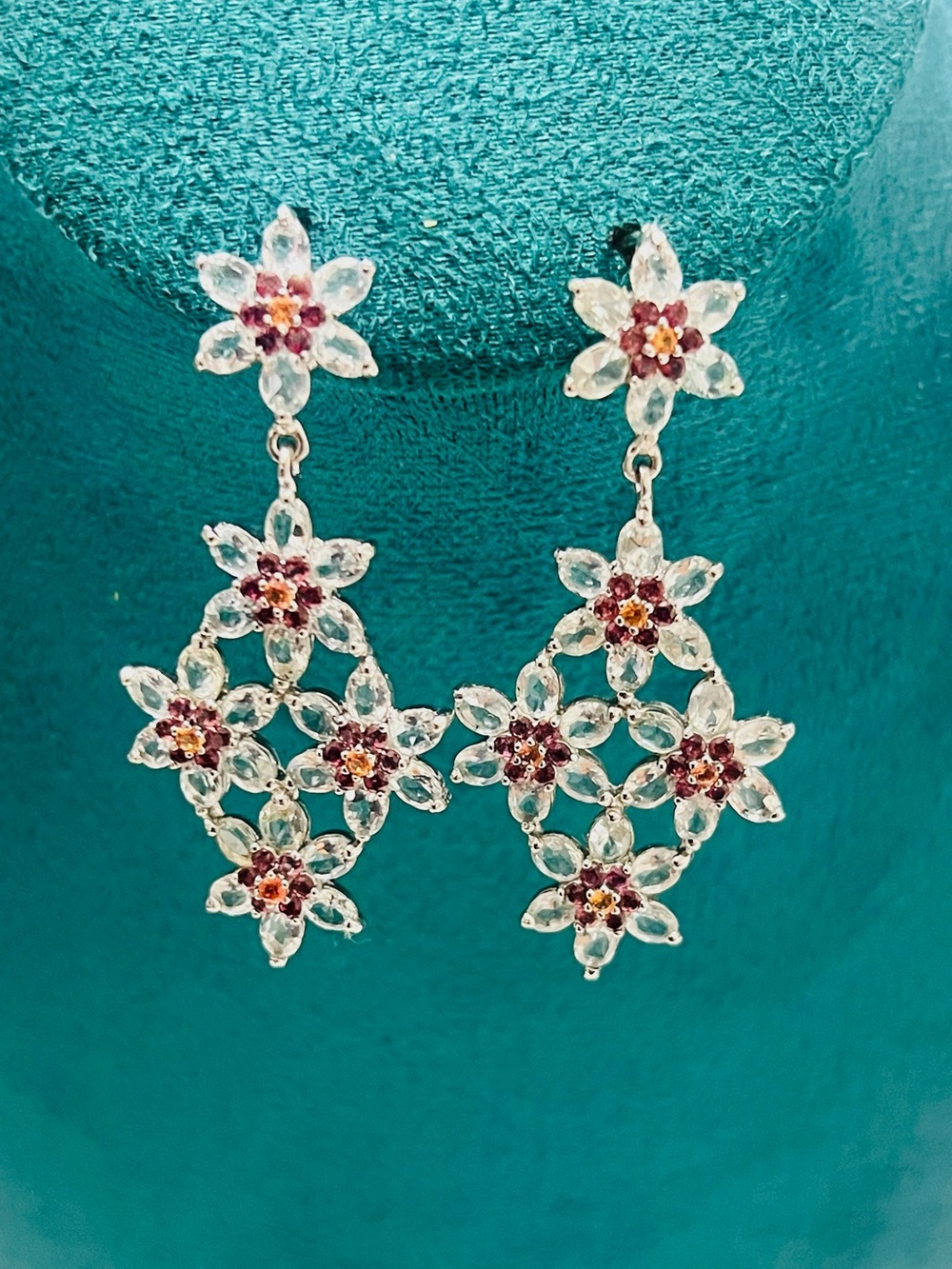 Genuine Aquamarine Silver Floral Drop Earrings with  Stones